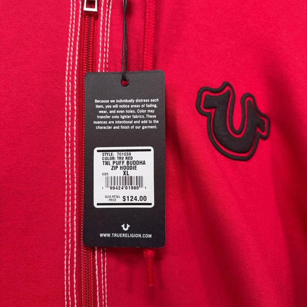 True Religion Sweatshirt Mens XL Red Buddha Contrast Stitch Zip Up Hoodie NEW